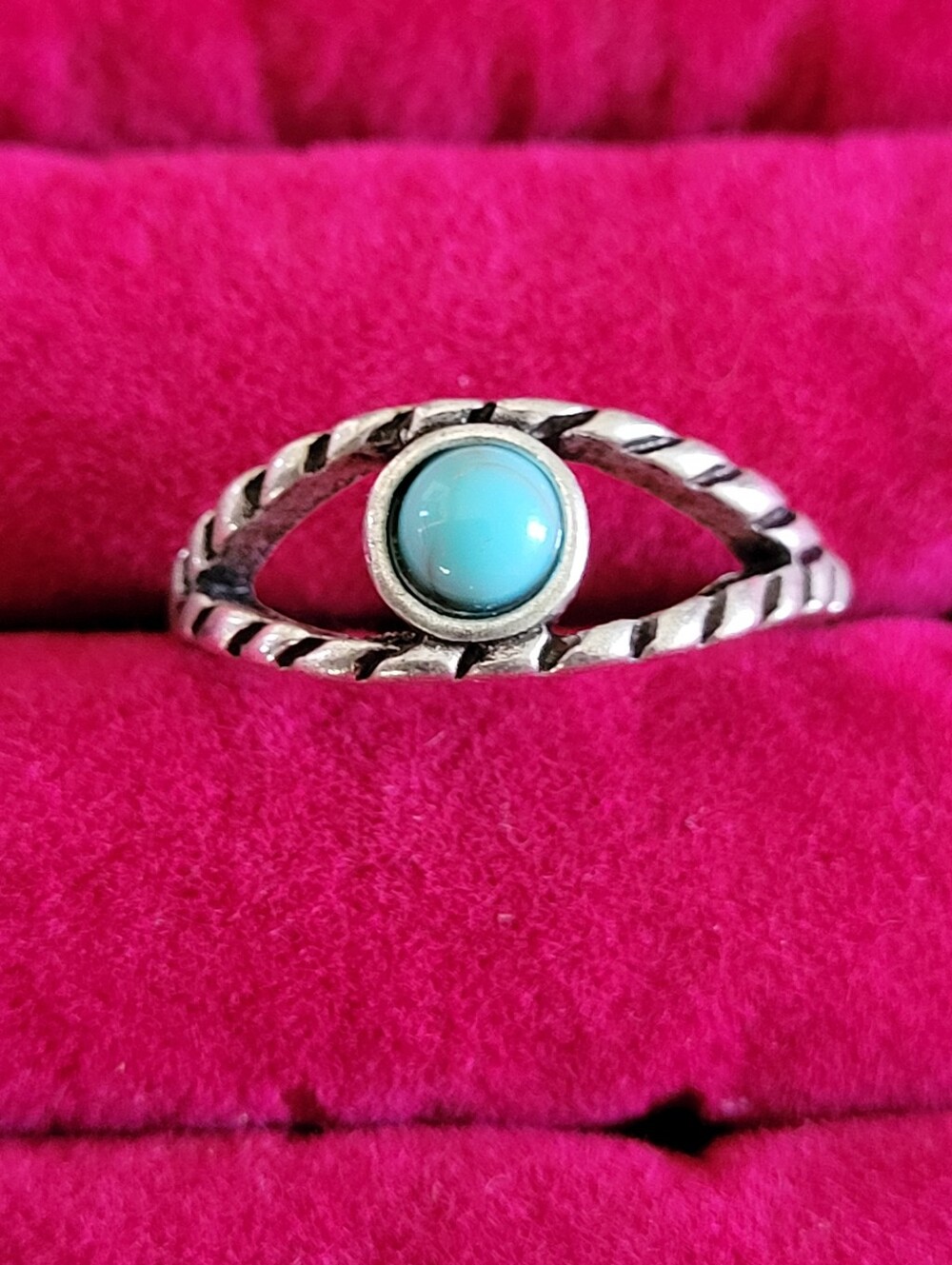 Silver Tone Tiger's Eye Rope Band Ring with Turquoise Cabochon - Size 6